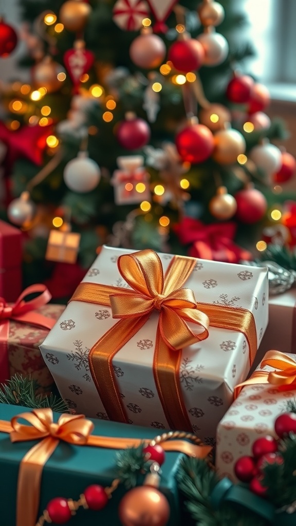 A wrapped Christmas gift with a bow, surrounded by holiday decorations and a Christmas tree.